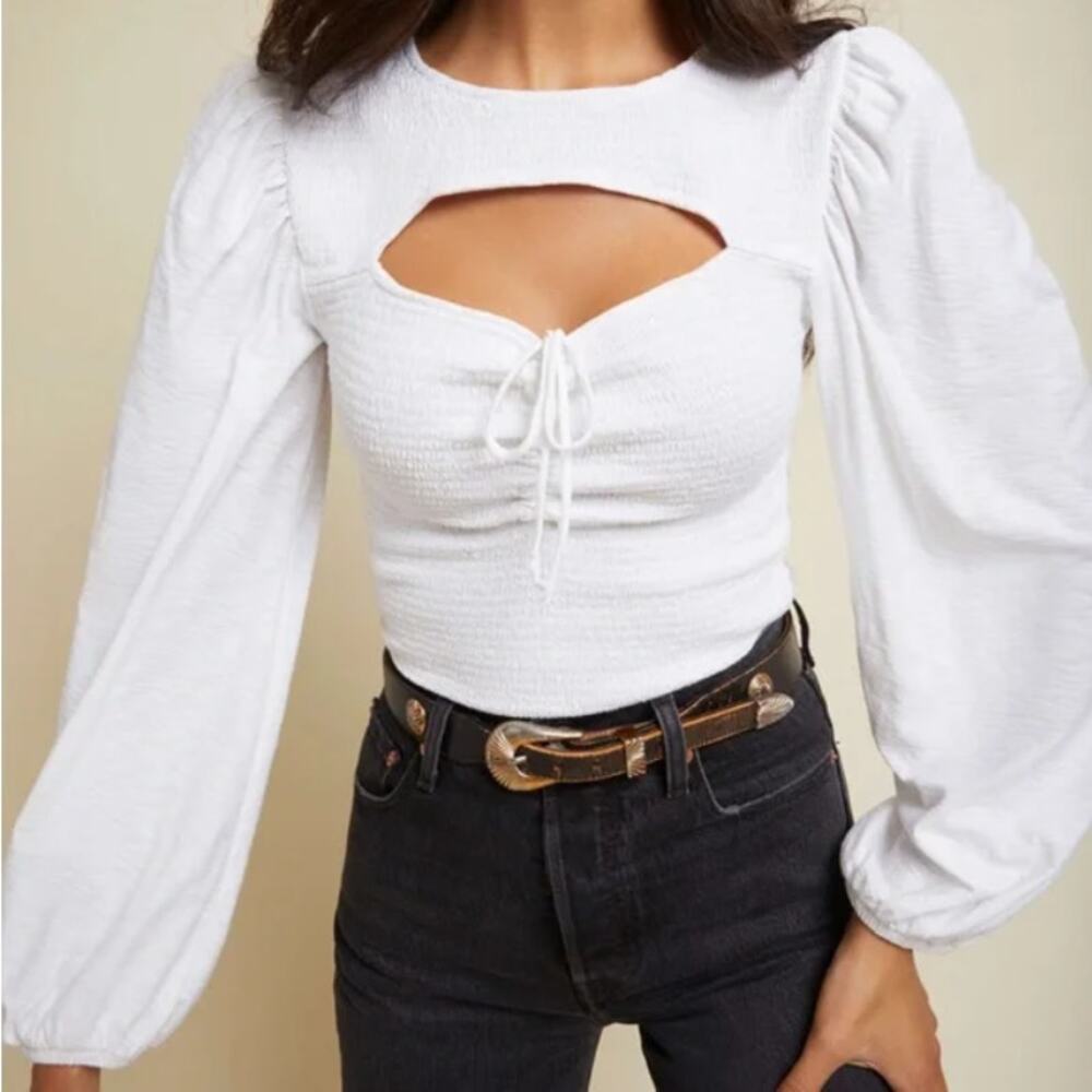 Nation LTD White Leilani Smocked Cut Out Cotton Long Sleeve Top